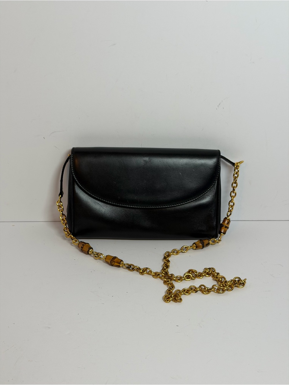 Gucci Vintage Black Leather Chain Shoulder Crossbody Bag with Bamboo Accents